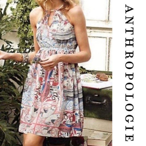 Anthropologie Dresses & Skirts - Anthropologie Silk Dress Floreat Castle Lake Ships High Neck Mini Multi Size XS